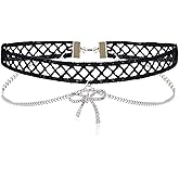 NALISASA Double Layer Gothic Lace and Silver Chain Choker, Black Lace Choker Necklace for Women with Rhinestone Bow Pendant, Adjustable Statement Y2K Jewelry for Women
