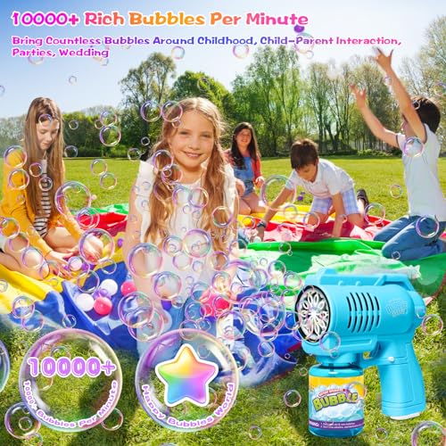 BUBOJOY Bubble Gun for Kids, Automatic Bubble Machine 10000+ Bubbles/Min with Solution, Silent Bubble Blower with Lights for Outdoor Parties Wedding- Blue