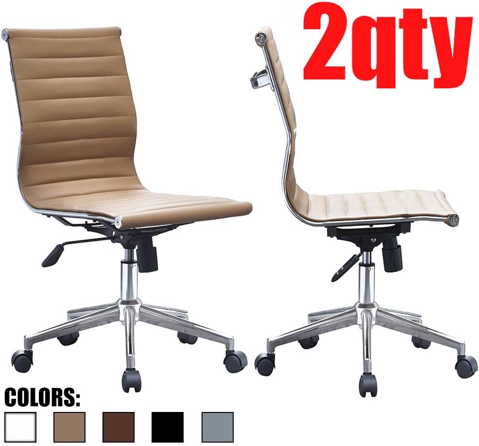 2xhome - Set of Two (2) - Tan - Modern Mid Back Ribbed PU Leather Swivel Tilt Adjustable Office Chair Armless Designer Boss Executive Management Manager Conference Room Work Task Computer