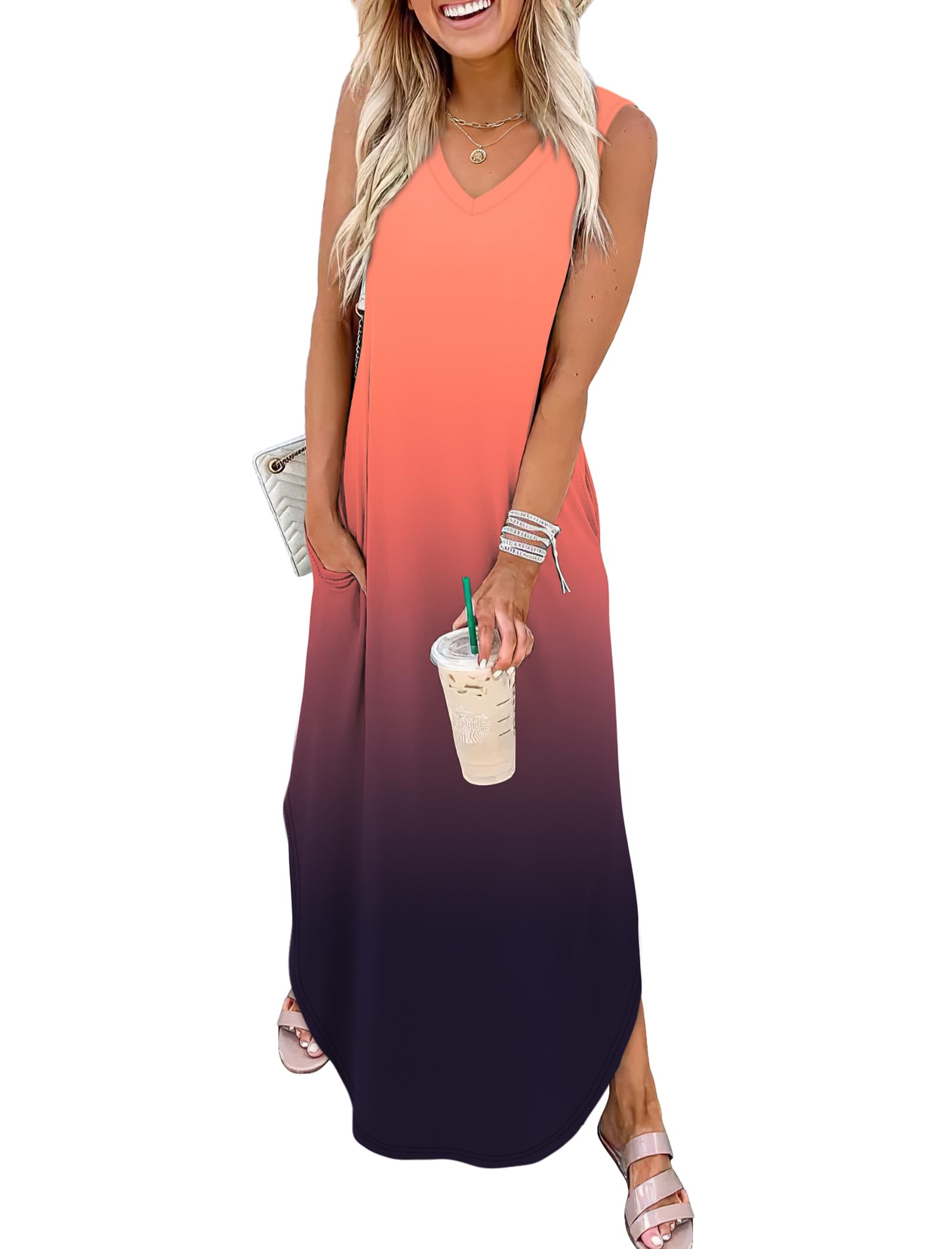 Photo 1 of SAMPEEL Maxi Dresses for Women 2025 Beach Vacation Fashion Long Maxi V Neck Dress with Pockets Flowy Hawaiian Sun Dresses Ombre L