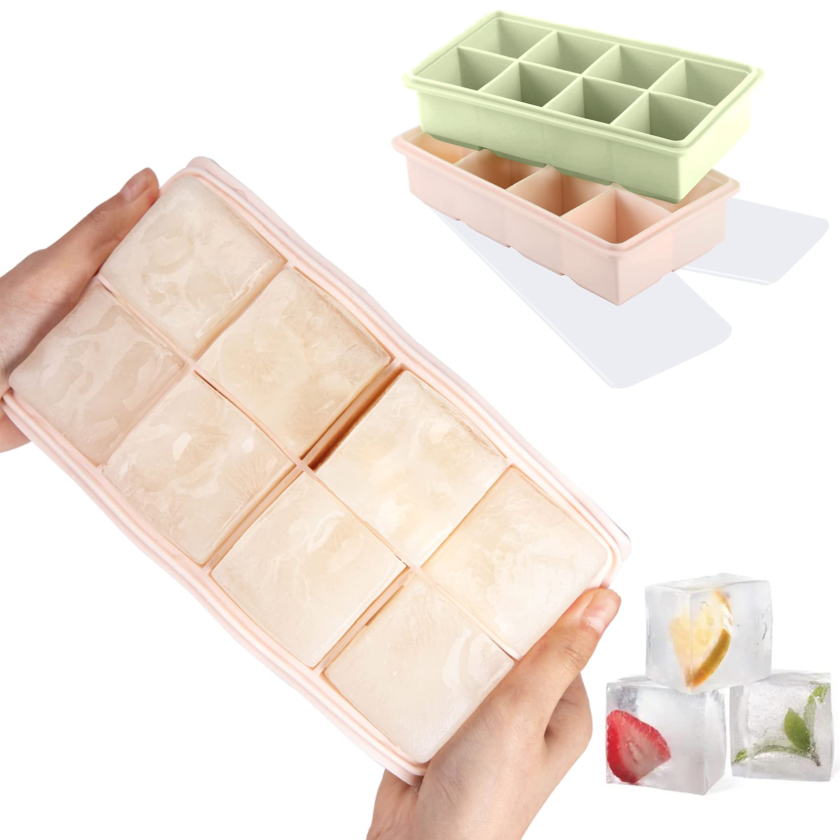 LessMo Ice Cube Tray, 2 Pack XXL Silicone Large 2 Inch Ice Cube Molds with Lids, for Whiskey, Cocktails & Wine (Green and Pink)