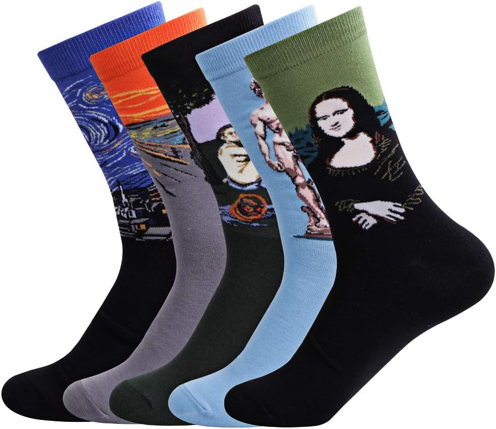 AmbiellyMen Funny Socks 5 Pairs Colorful Cotton Novelty Crew Socks Patterned Art Funky Fashion Casual Dress Socks (40-46)