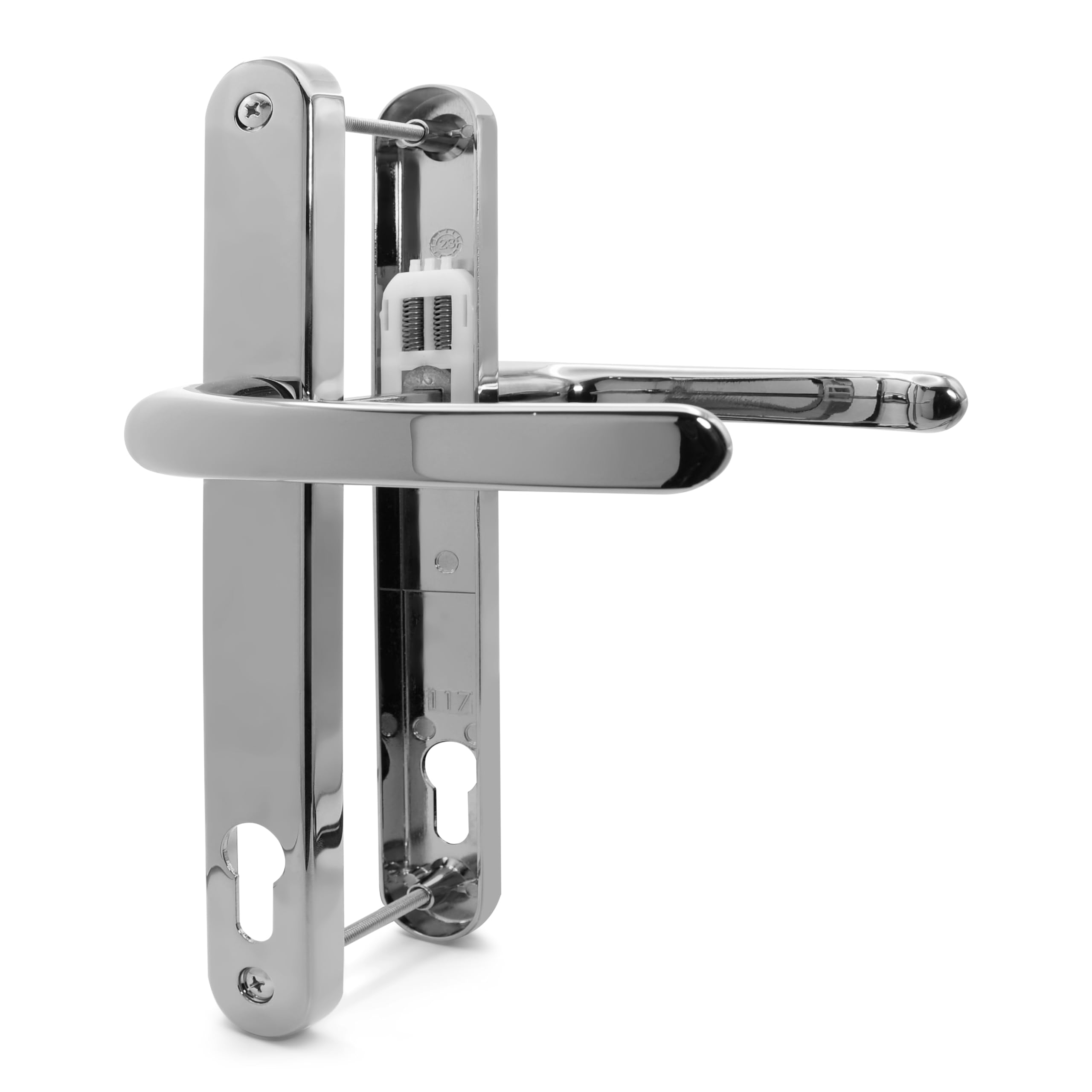 TSS Polished Chrome UPVC Door Handle Pair Set, 117mm PZ (Centres), Sprung, Lever Lever, 237mm Screw to Screw (Screw centres), Backplate 267mm x 32mm - Replacement PVC Door Handle in Polished Chrome