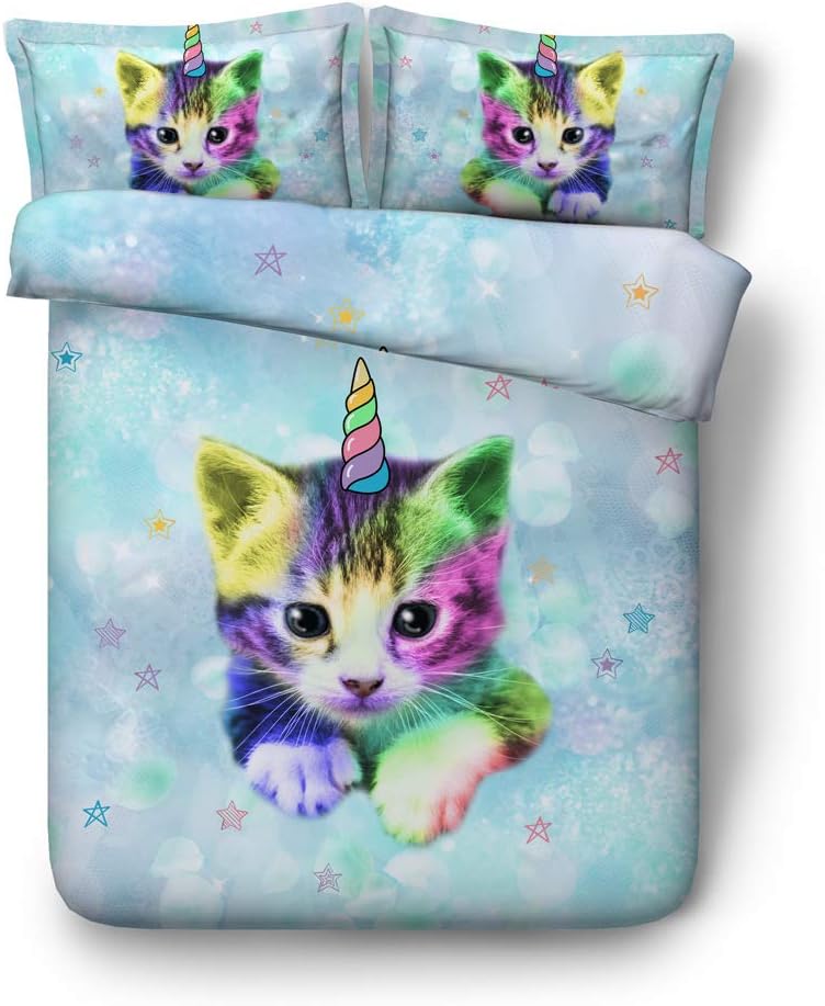 Cat Print Kids Bedding Sets,Galaxy Unicorn Cat Kids Duvet Cover Sets 4 Pieces(1pc duvet cover,2pc pillowcase,1pc Sheet) Microfiber Colorful Unicorn Cat Quilt Cover For Teens Girls Boys(No Comforter)