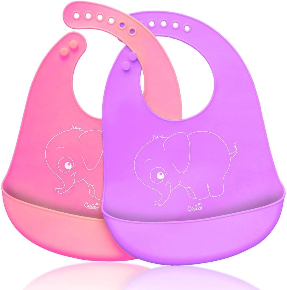 Cos2be Soft Silicone Bibs Easily Wipes Clean, Adjustable Smart Snaps Baby Bibs for Babies or Toddlers (Pack of 2)