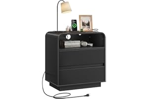 25" Tall Modern Nightstand with Charging Station Wide Wood Black Bedside Table w/2 Drawers Large Mid Century End Table for Be
