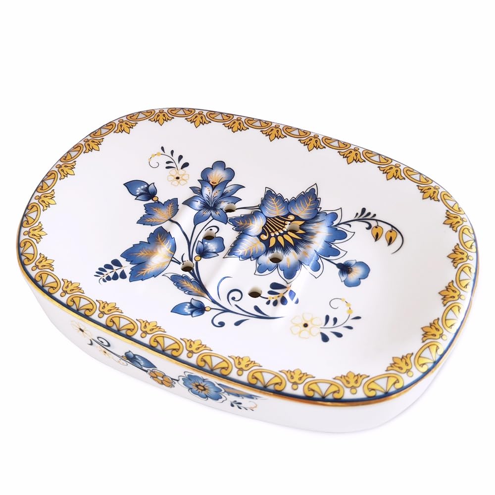 Self Draining Soap Dish, Double-layer Bar Soap Tray, White Ceramic Soap Dish with Elegant Patterns (Style D)