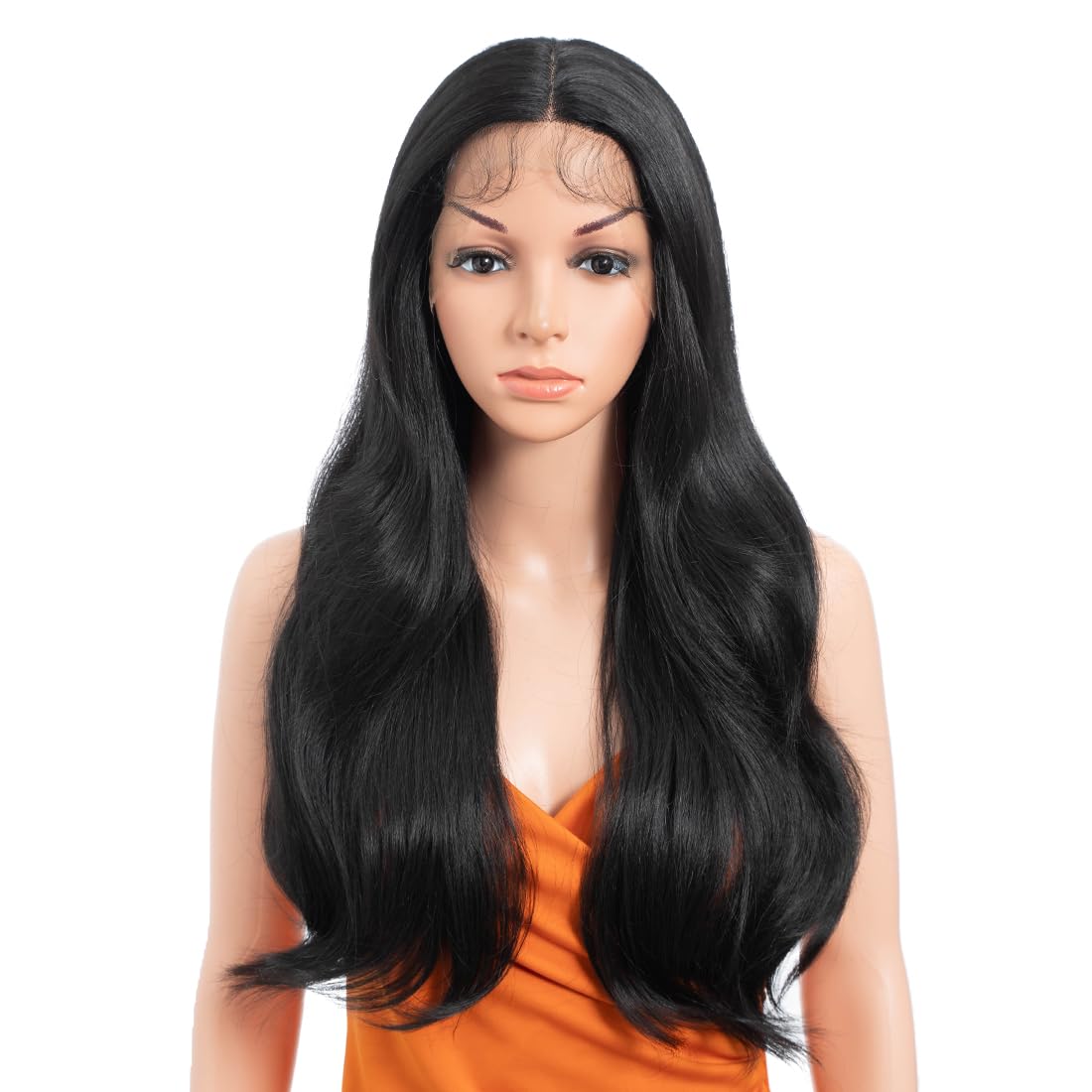 Highlight Lace Front Wigs Synthetic Body Wave Wear 13x4x1 T-Part Lace 24 Inch Pre-Plucked HD Glueless Ombre Lace Front Wig for Black Women 1B