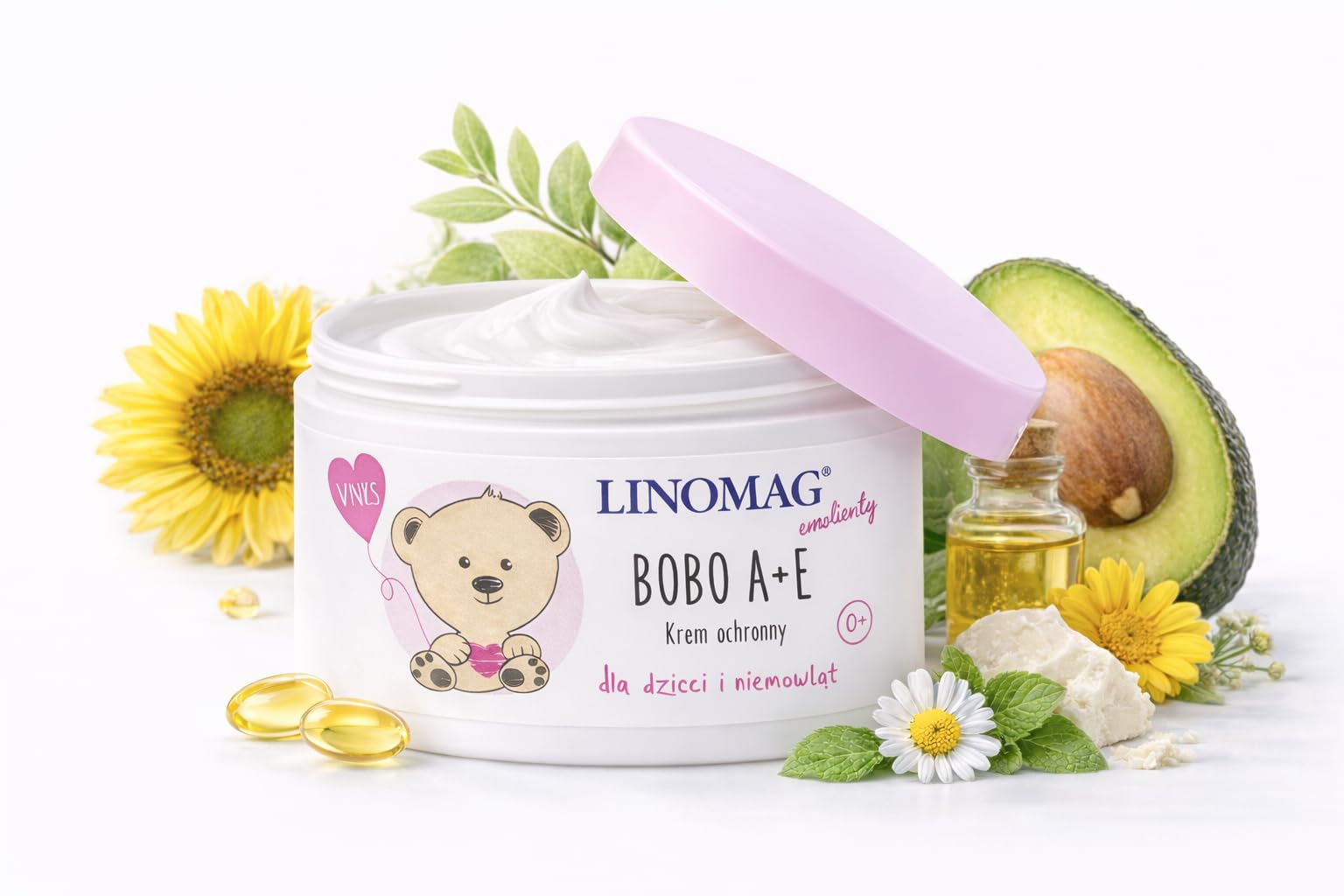 LINOMAG BOBO A + E - 50 ml - cream for children and infants day-to-day skin care. It is suitable from birth onwards - is a perfect blend of vitamin F derrived from linseed oil with vitamins A and E, as well as hypoallergenic lanolin