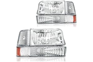 DimFlux Headlight Assembly, Headlights Replacement Compatible with 1992 1993 1994 1995 1996 Ford F150 F250 F350/1992-1996 Bronco Headlamp Bumper Lamp Set Chrome Housing Amber Reflector