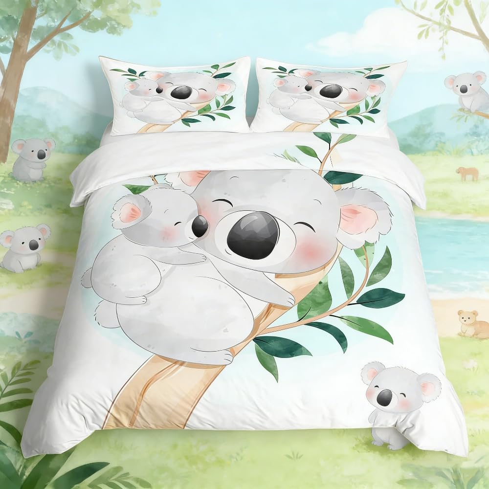 Loussiesd Cute Koala Bedding Set Kids Cartoon Koala Duvet Cover Boys Girls Koala Family Botanical Decor Comforter Cover Microfiber Nature Theme Bedroom Quilt Cover Double Size — image 1