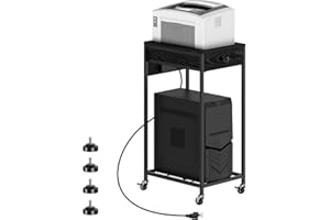 SEHERTIWY 2 Tier Computer Tower Stand with Drawer, CPU Holder Stand with Charge Station and USB Charging Port, Printer Cart with Wheels for Home Office Fax, Black