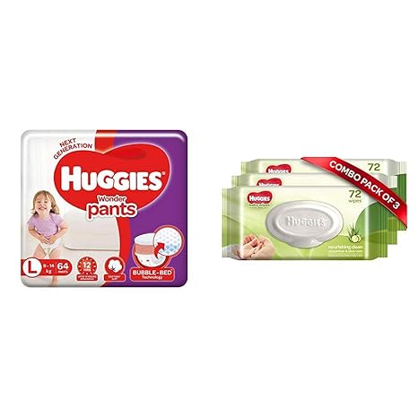Huggies Wonder Pants Diapers, Large (Pack of 64) & Huggies Baby Wipes - Cucumber & Aloe, Pack of 3 (216 Wipes)