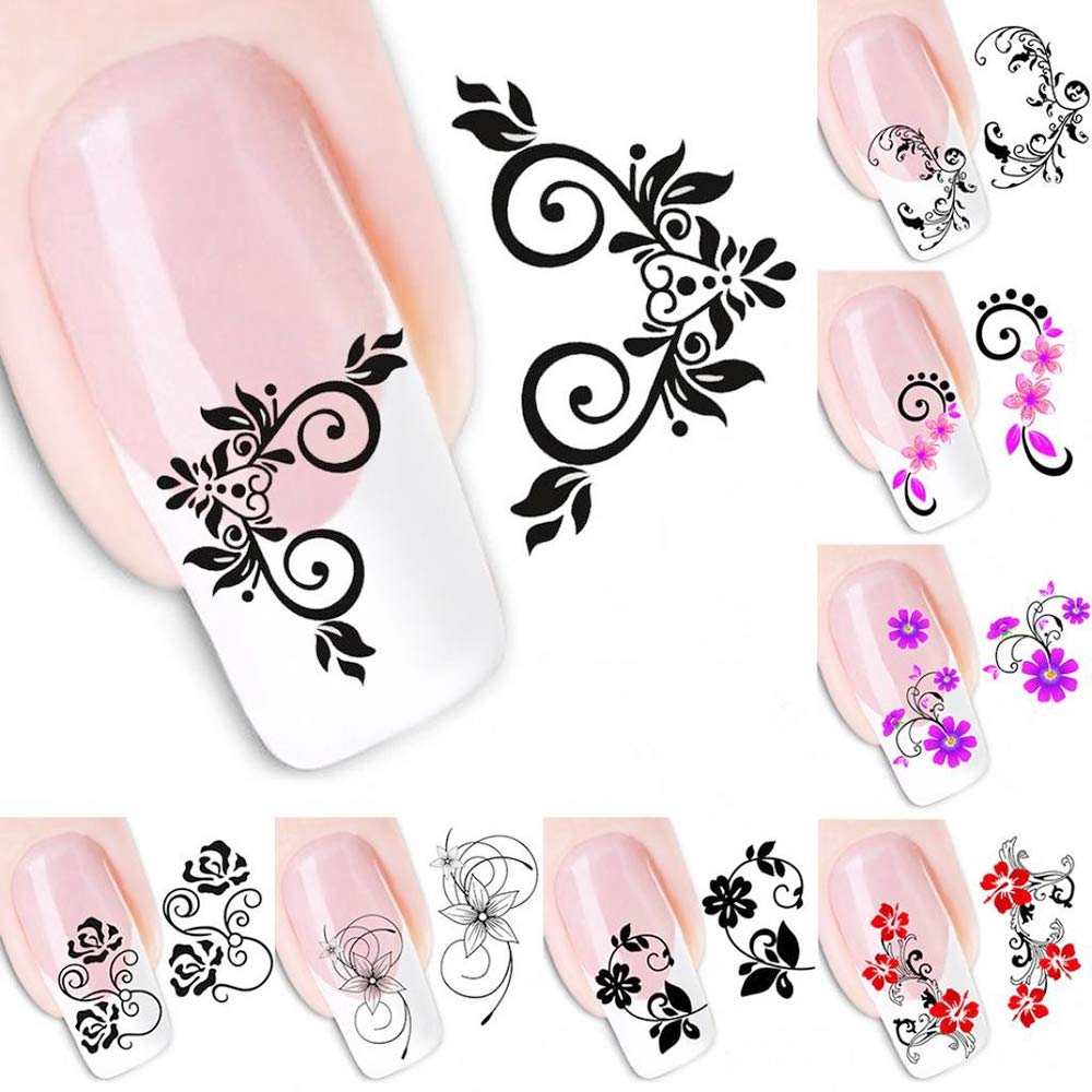 Nail Water Decals Nail Art Stickers for Women Nail Decorations Black Lace Slide Tattoo Papers - Butterfly, Flower, Cat, Long Vine - Toenail Accessories - 40 Sheets Assorted Designs - DIY Styling: Beauty
