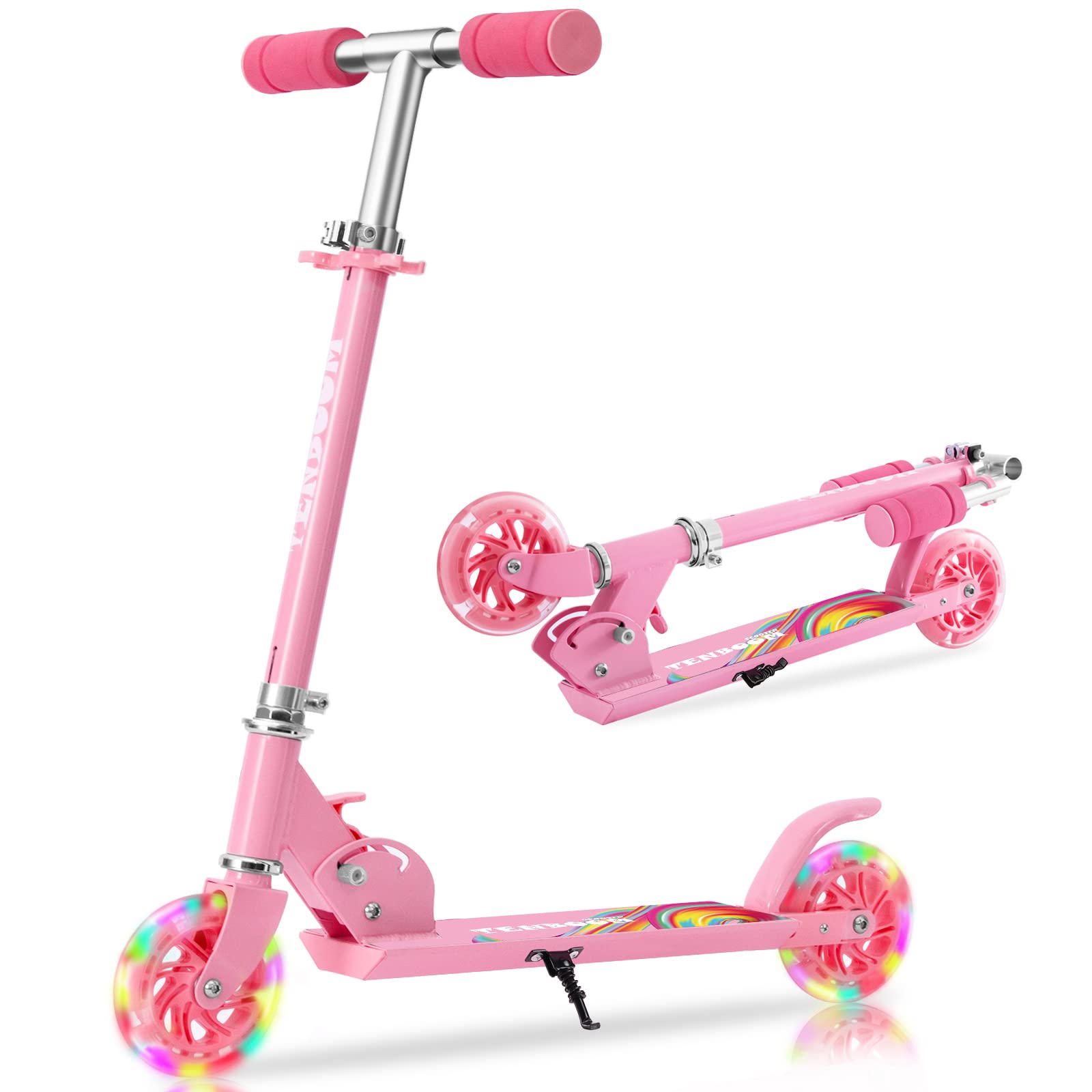 TENBOOM Kids Scooter Ages 6-12, Easy Folding with Adjustable Handlebar and Rear Brake, Light Up Scooter for Girls Boys, Pink