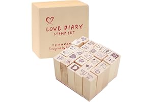 YIHUANYIFA 25Pcs Small Heart Shape Wooden Rubber Stamps with Box Mini Cute DIY Diary Stamps Set for Craft Decorating Scrapbooking and Wedding Invitation Cards (Red 25pcs Love)