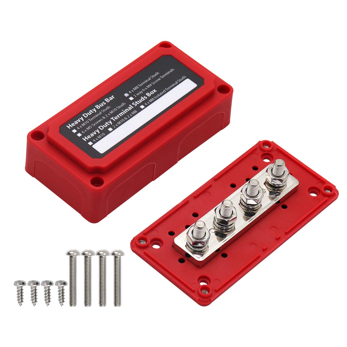 T Tocas Busbar 12V-48V 300A Power Distribution Block with 4X M8 Studs Battery Bus Bar Terminals Blocks for Car Vehicle Caravan Trucks Camper Boat Solar Marine, Heavy Duty Module, Red
