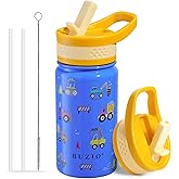 BUZIO 14 oz Kids Water Bottle with Straw Lid, Vacuum Insulated Stainless Steel Metal Thermo Bottles for Toddlers Girls Boys Leak Proof BPA-Free & Lead-Free Flask for School, Blue Construction Car