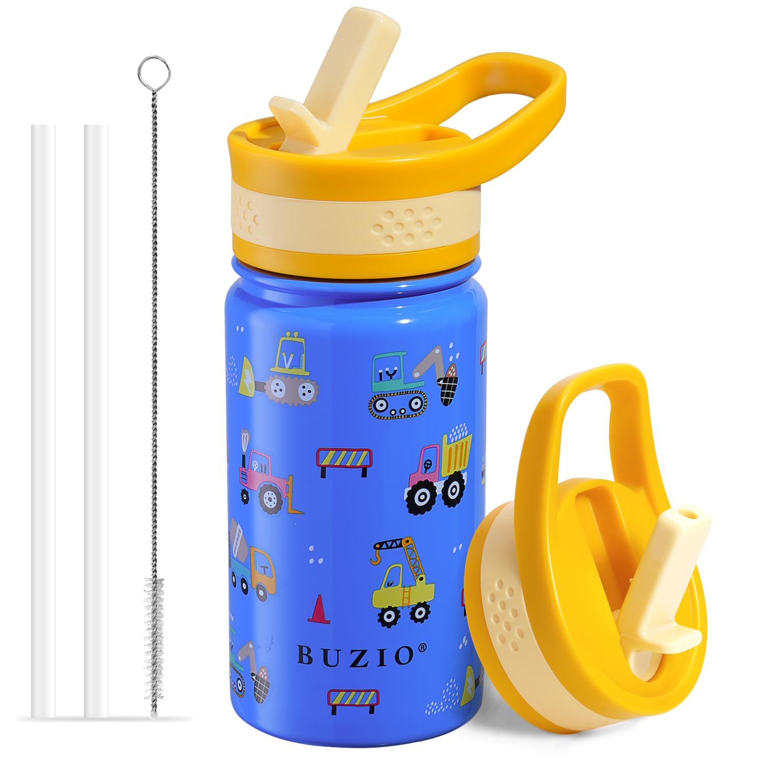 Toddler Water Bottle Insulated, BUZIO Stainless Steel Water Bottle Kids Vacuum Insulated with 2 Straw Lids, 400ml Double Walled Wide Mouth Drink Flask, Blue Construction Car