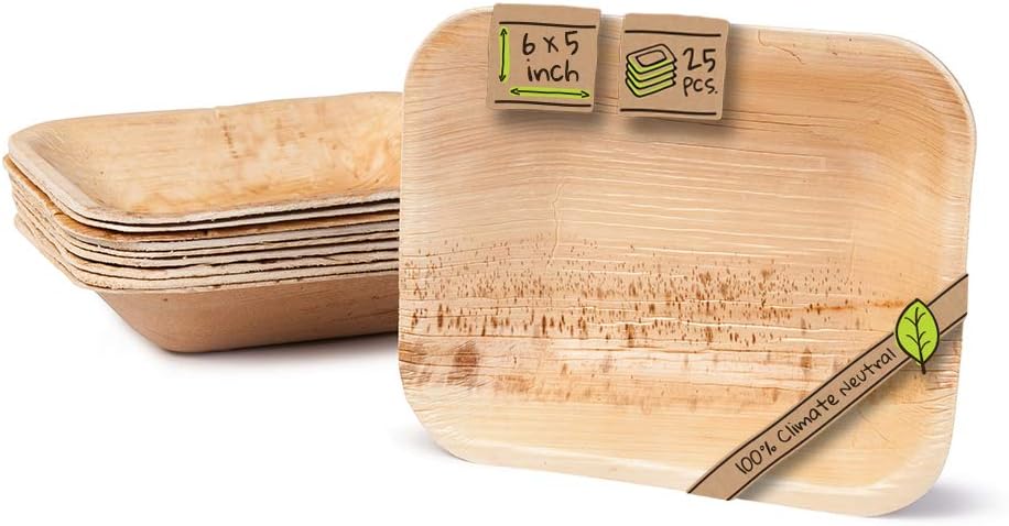 Naturally Chic Palm Leaf Plates - 6x5 Inch Rectangle Deep - Bamboo Like, Eco Friendly, Disposable, Compostable and Biodegradable Plates for Weddings, Parties and Events
