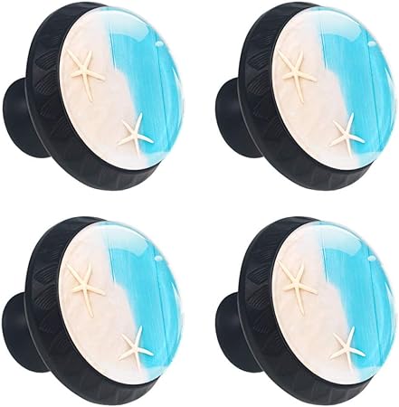 4 Pcs 35mm Cabinet Knobs Starfish On The Beach With Blue Wood