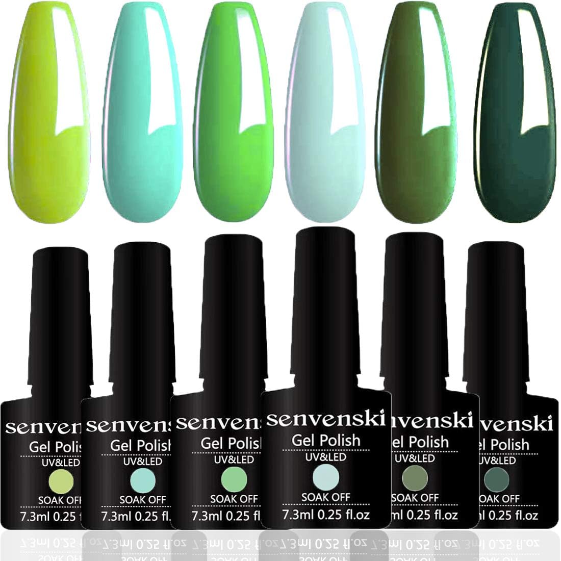 senvenski Teal Gel Nail Polish Army Mint Aqua Lime Green Olive Turquoise Emerald Summer Set Girlfriend Gift Soak Off UV LED Manicure Art Varnish Set Kit DIY at Home 6 Colors (CS6-008)