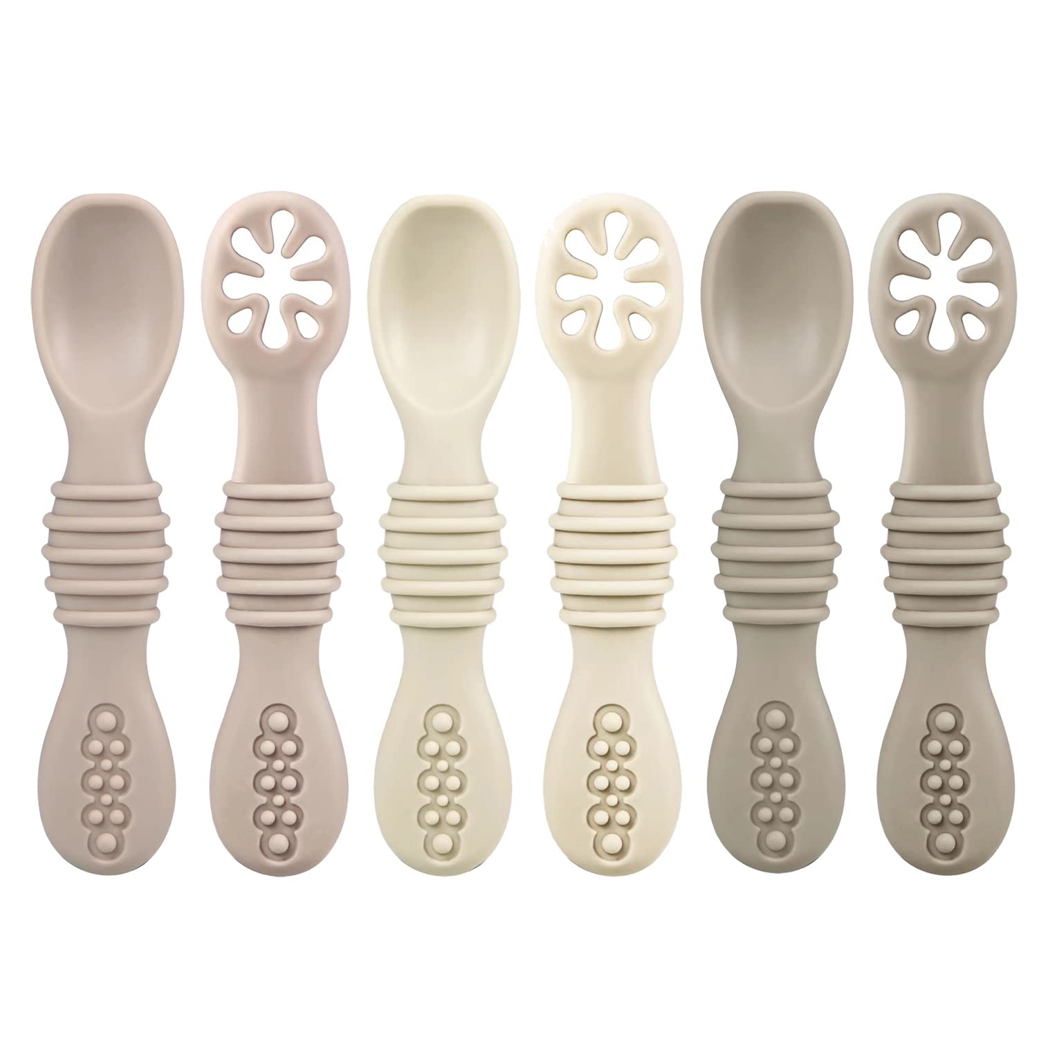PandaEar Silicone Baby Spoons Self Feeding 4 6 Months| 6 Pack Baby Weaning Spoons| Toddler Baby Feeding Spoon| Blw Spoons Baby Utensils| BPA Free (Beige/Tan/Brown)
