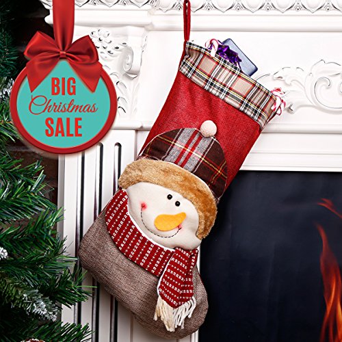 Christmas Stocking 3D Snowman Holiday Week Christmas Day Gift Plush Classic Traditional Plaid Adorable Cute Ho