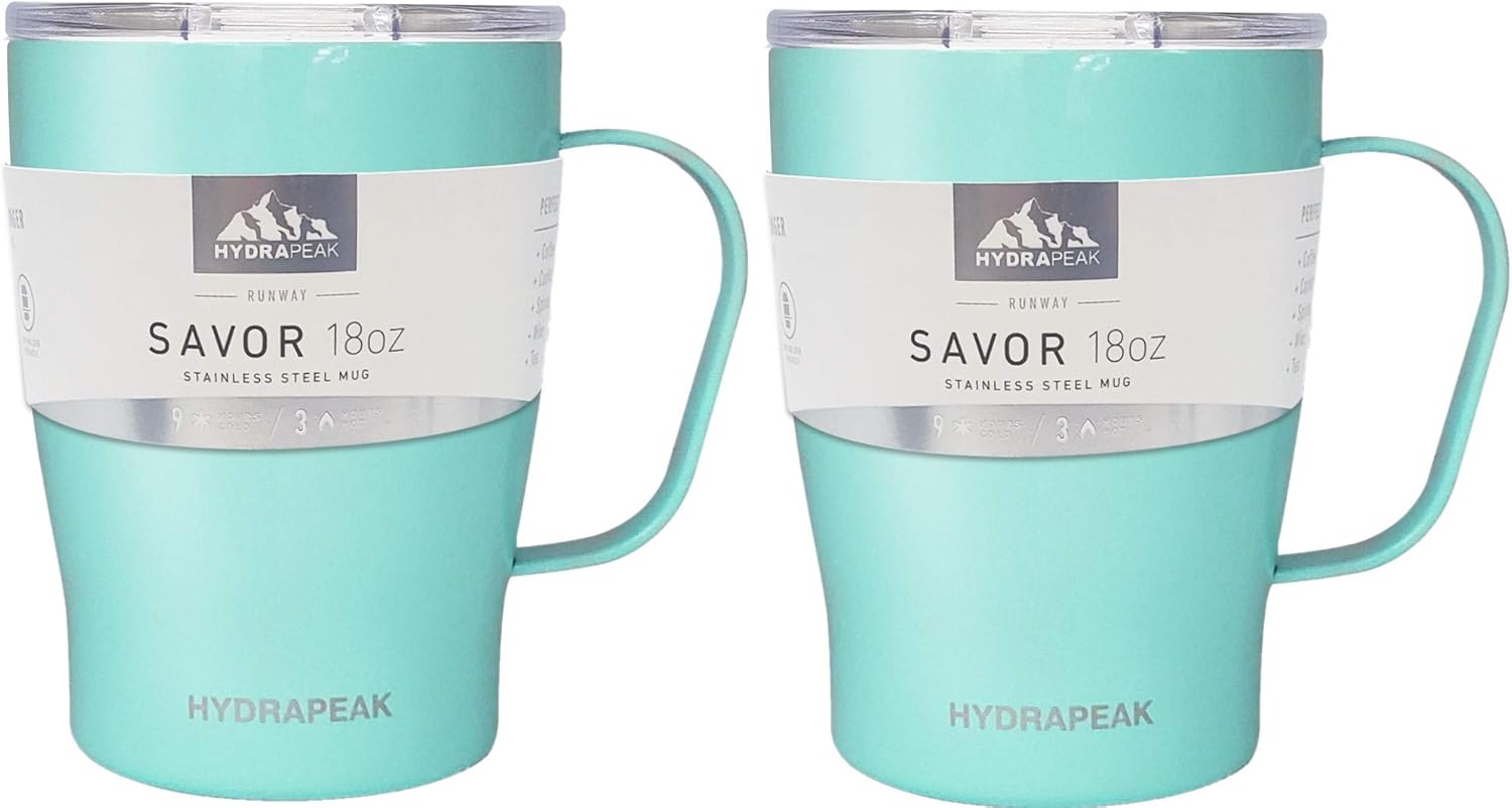 Amazon Com Hydrapeak 18oz Double Vacuum Insulated Coffee Mug Stainless Steel Travel Mug Tumbler Coffee Cup With Lid And Integrated Handle 18oz 2pk Aqua Kitchen Dining