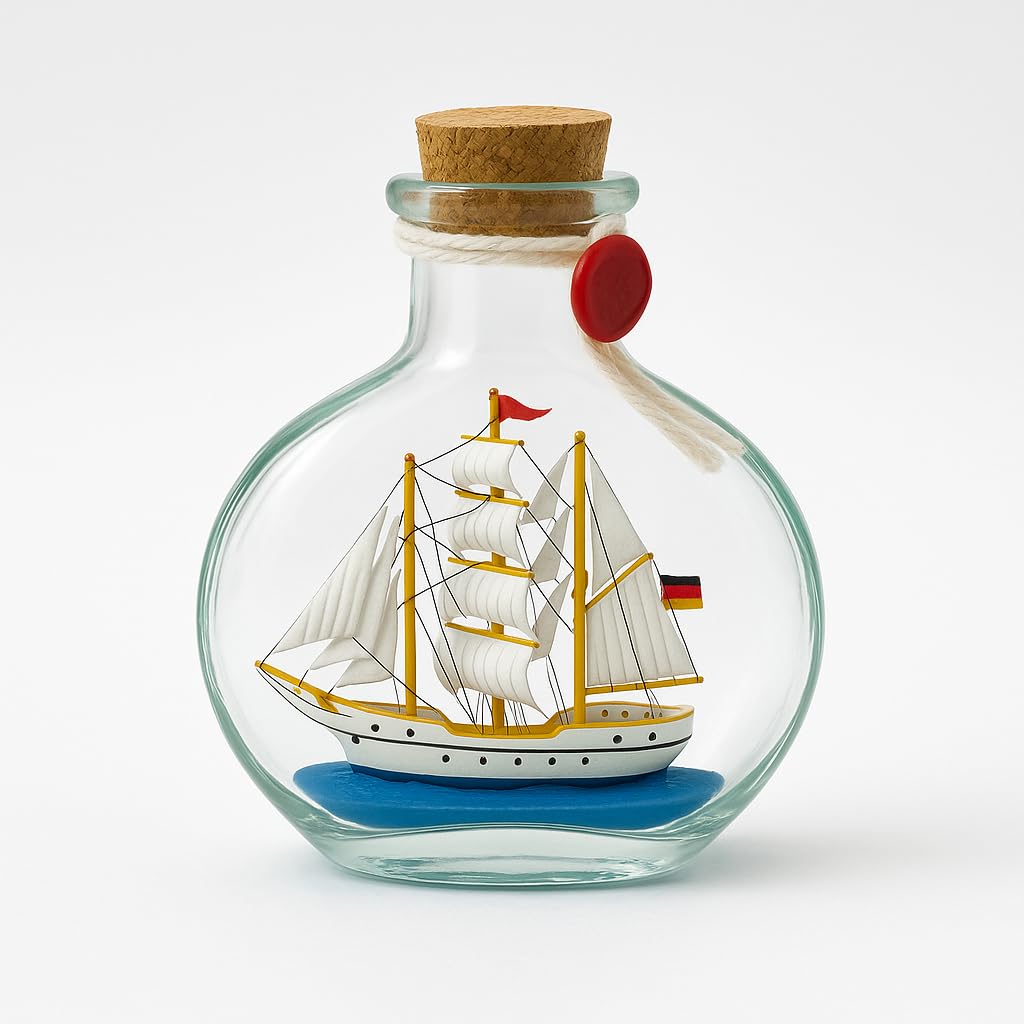 Heiko Blume Digging Ship "Gorch-Fock Style" - Flat Oval Glass Bottle with Cork & Red Seal, Detailed Three Mast Miniature, 10 cm High, 7.5 cm Diameter - Maritime Decoration & Gift (Flat Glass) โ image 1
