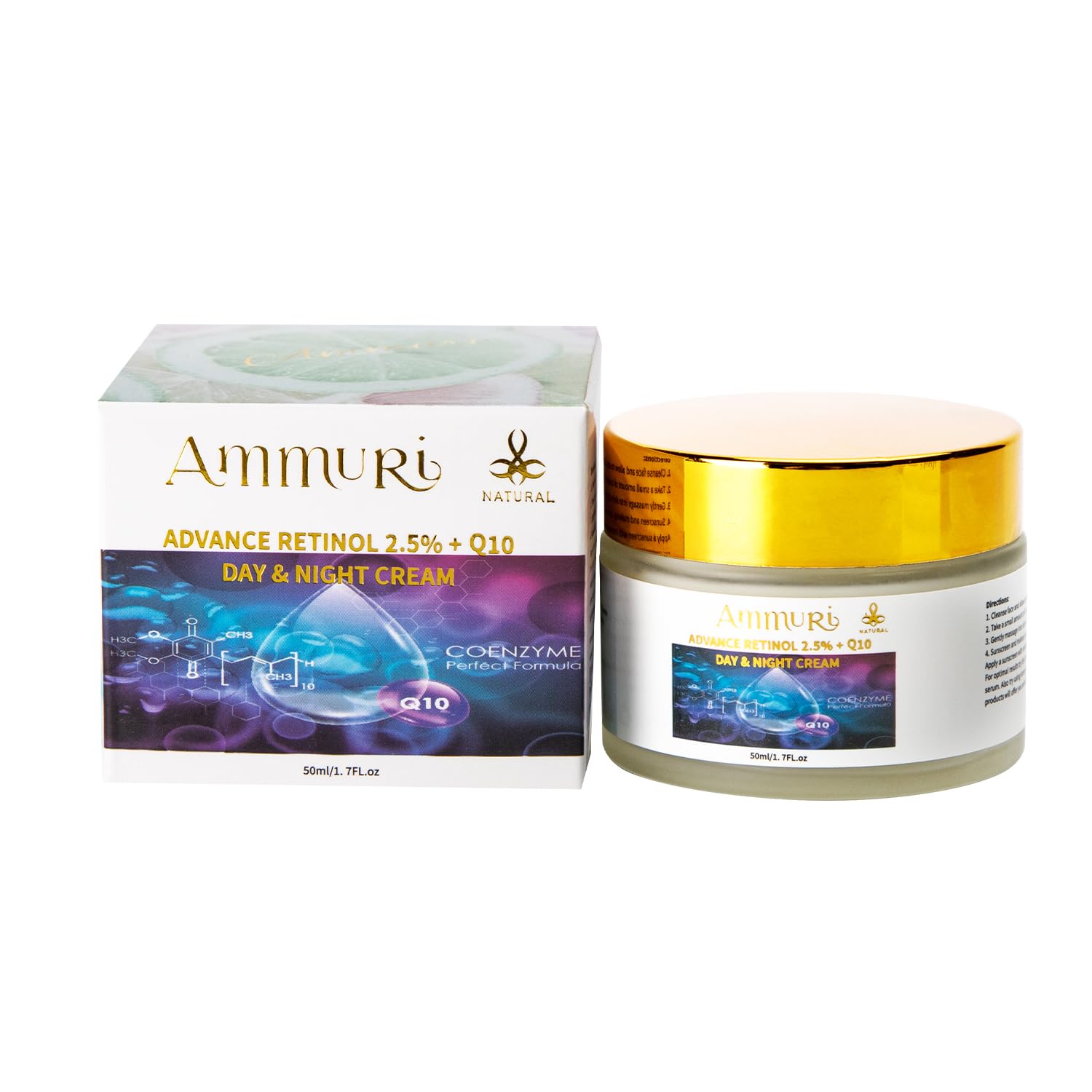 Ammuri Premium Anti-Aging Firming Cream with Retinol 2.5%, Coenzyme Q10, Hyaluronic Acid - Vegan Formula for Radiant Skin - Moisturizing Day & Night Cream for Fine Lines, Wrinkles