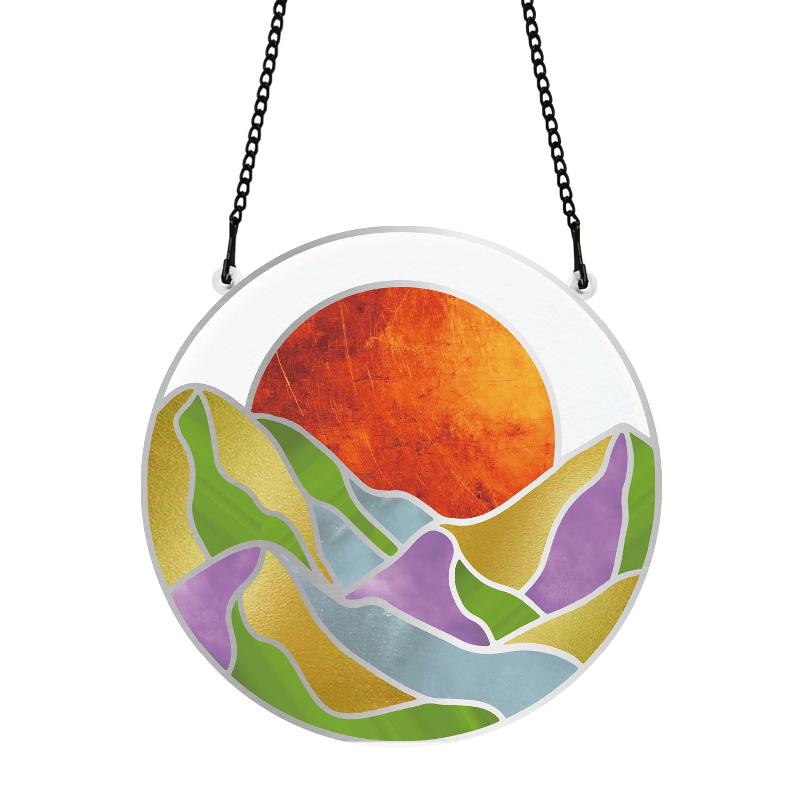 PLIGREAT Colorful Mountains Sunrise Stained Suncatcher Window Wall Art Hanging Ornament Painted Watercolor Acrylic Glass Panel Crafts for Garden Home Indoor Outdoor Hanging Decor