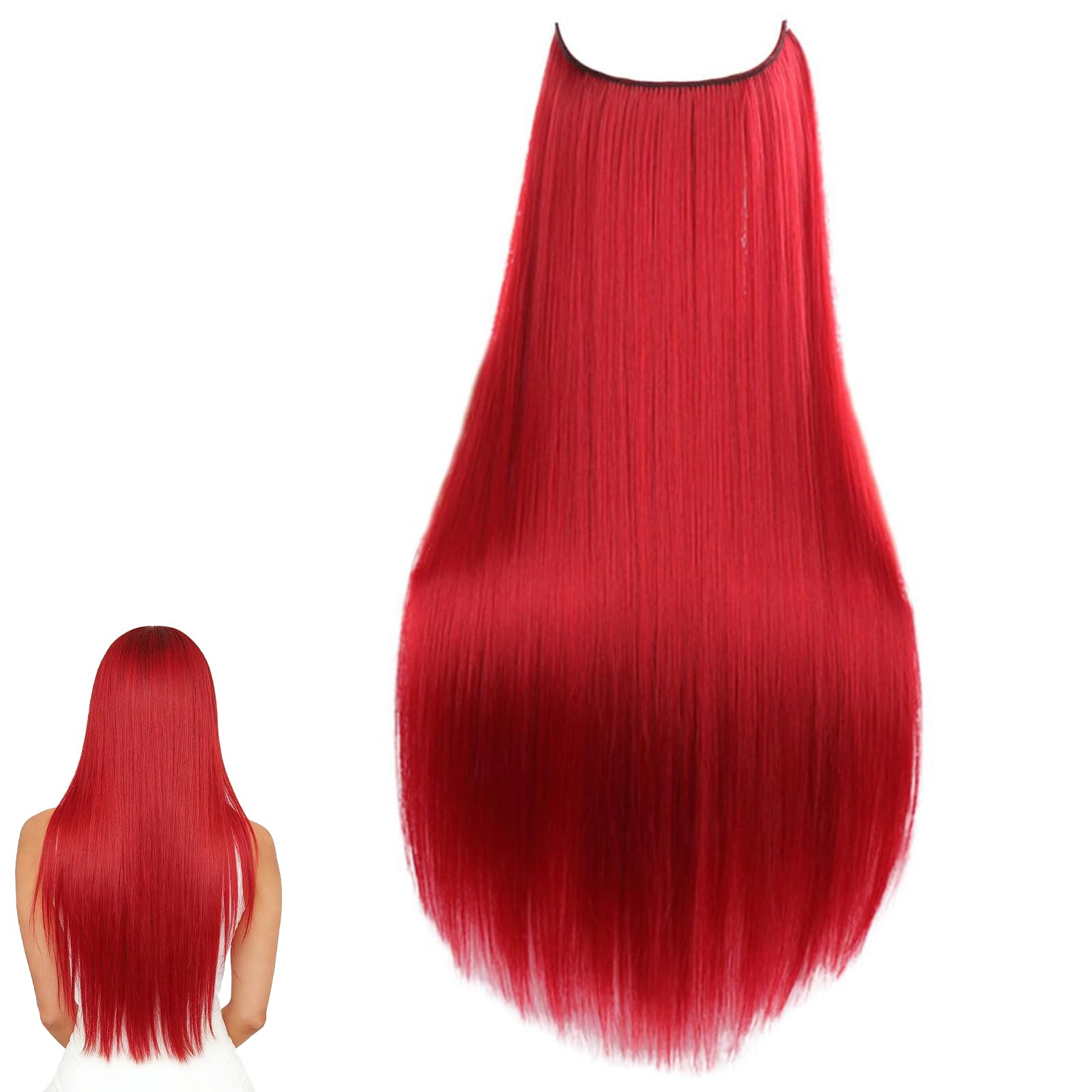 Traziewell Red Hair Extensions Long Straight Hair Extension Fish Line Hairpieces Synthetic Invisible Secret Wire Flip Hair Pieces for Women, 1011