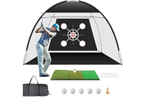 SQLWYLAT Golf Practice Net 10x7ft with Tri-Turf Mat & Real Balls Set Indoor Outdoor Golf Training Equipment for Backyard Driving Practice Enthusiast Gifts