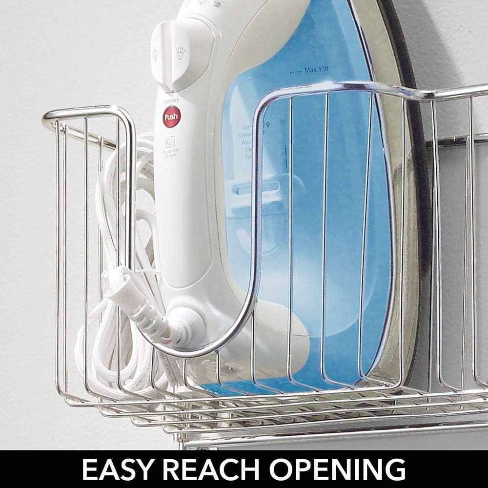 mDesign Metal Over The Door Ironing Board Holder with Large Storage Basket - Holds Iron, Board, Spray Bottles, Starch, Fabric Refresher - for Laundry, Utility Room, Garage - Chrome: Home & Kitchen