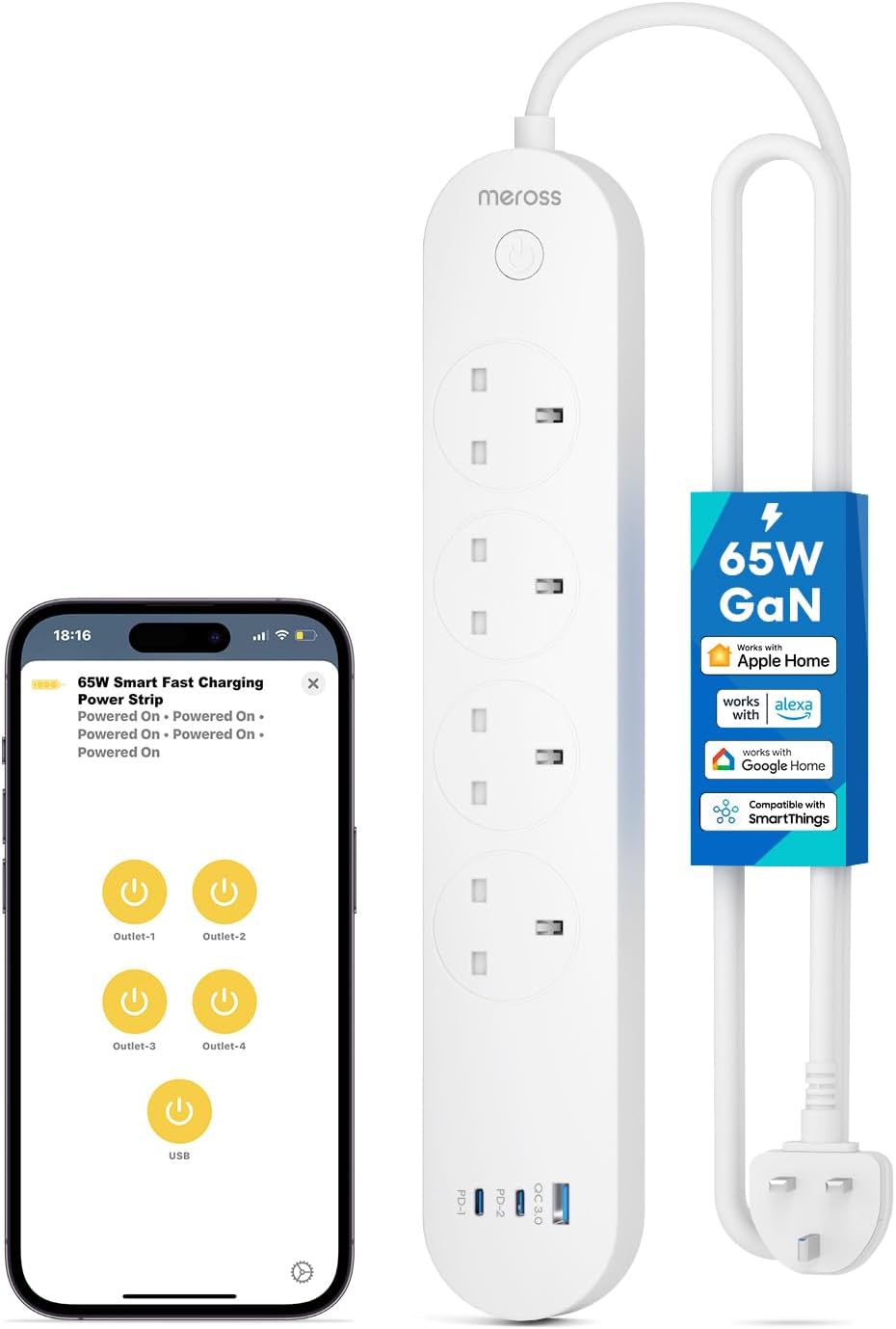 Meross 65W GaN Smart Power Strip 4 AC + 2 USB C + USB A WiFi 2.4GHz