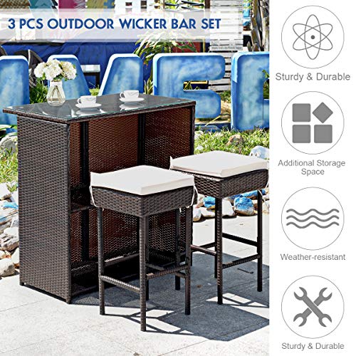 Tangkula Patio Bar Set, 3 Piece Outdoor Rattan Wicker Bar Set with 2 Cushions Stools & Glass Top