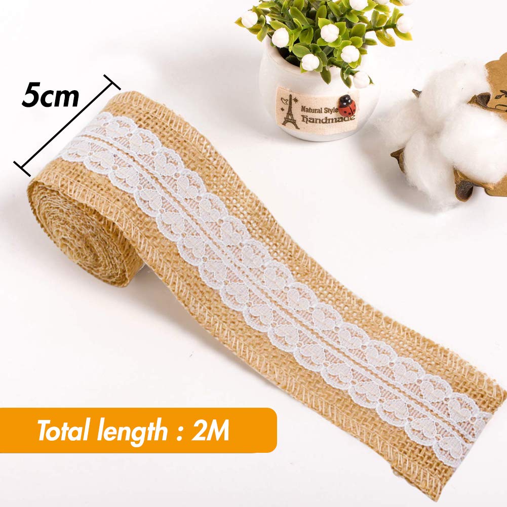 VGOODALL Juteband Spitzenband, Vintage Hessische Natürliche Sackleinen Band mit Weisse Spitzen für DIY Handwerk Hochzeit Party Weihnachten Deko (6 Rolle)