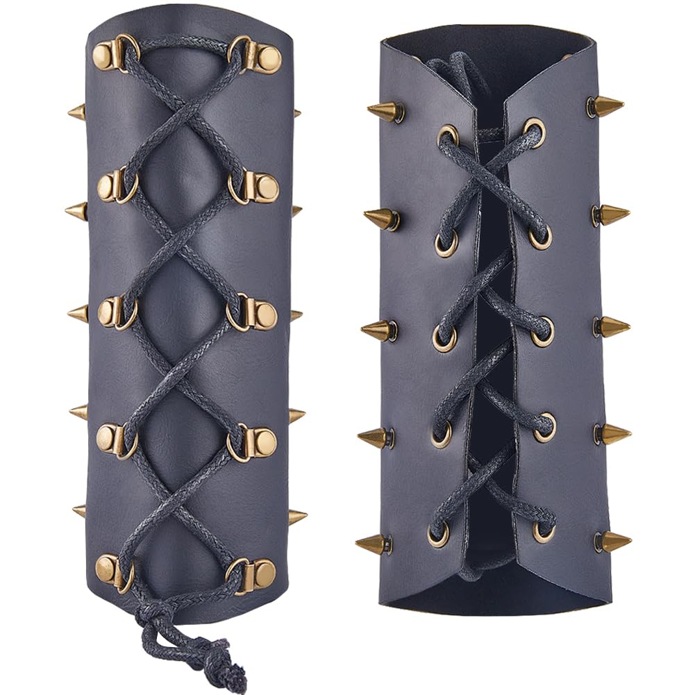 GORGECRAFT 2PCS Black Leather Arm Guards Medieval Leather Gauntlets Wristband Antique Bronze Rivet PU Leather Archery Bracers Drawstring Tie Retro Arm Armor Cuff for Cosplay Costumes Accessories