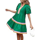 LifeShe Womens Puff Sleeve Babydoll Dress V Neck Navy Blue Striped Color Block Tiered Mini Dresses