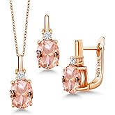 Gem Stone King Gemstone Birthstone and Lab Grown Diamond Pendant and Earrings Jewelry Set for Women in 18K Rose Gold Plated Silver | Oval 8X6MM and Round 2.5MM | With 18 Inch Chain