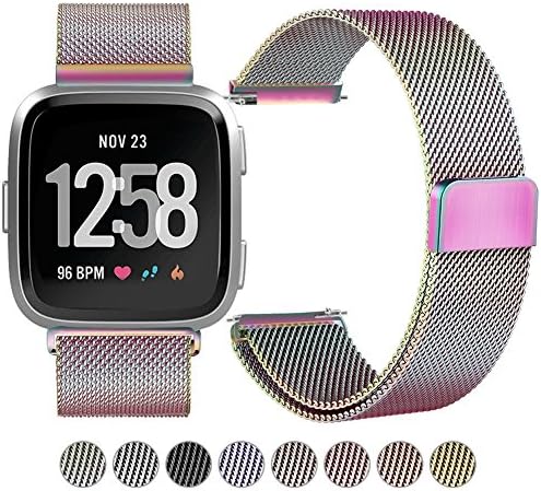 Akale For Fitbit Versa Bands for Men Women Small Large, Milanese Stainless Steel Metal Replacement Band with Unique Magnet Lock Accessories Wristbands for Fitbit Versa Smart Watch， Colorful Large