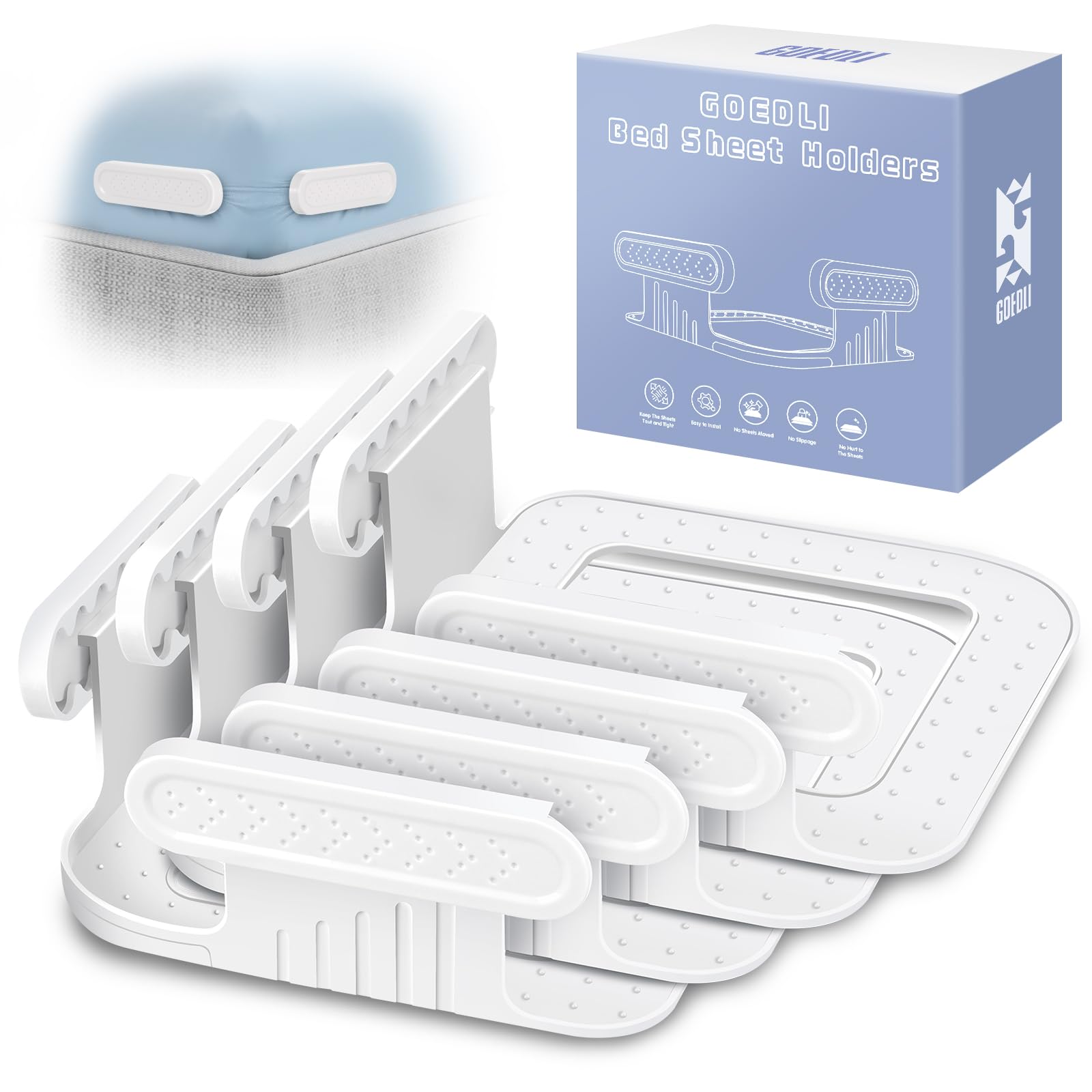 Photo 1 of Goedli Lock Sheet Holders - No More Loose Sheets, Secure Bed Sheets, Fits All Kinds of Sheets and Mattress Sizes, ABS Material with High Flexibility, Easy One-Time Installation (White)