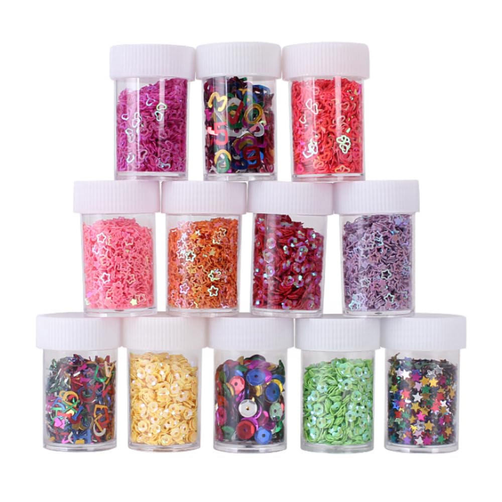 12Pots DIY Handmade Sequin Paper Multi-Shape，PVC Sequin，for Scrapbooking, Parties, Nail Art, DIY Projects, Festival Face Art, Cosmetics, Crafts