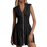 Fisoew Women's Sleeveless Tank Mini Dress Casual Zip Front V Neck Loose Summer Smocked Dresses with Pockets