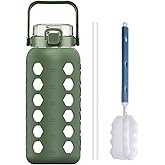 MUKOKO Half Gallon/64 oz Glass Water Bottles with Straw and Lid,Motivational Water Jug with Time Marker Reminder and Silicone Sleeve,100% Leakproof BPA Free Fitness Sports Large Bottle-Olive