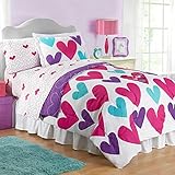 Girls 5pc TWIN SIZE Pink, Purple, Blue Hearts 100% Cotton Comforter, Pillow Sham and Sheet Set