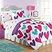 Girls 5pc TWIN SIZE Pink, Purple, Blue Hearts 100% Cotton Comforter, Pillow Sham and Sheet Set