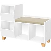 RiverRidge Kids Catch-All Cubby Storage Bench with Cushion, White | Playroom Reading Nook Bookcase Bench with 4 Toy Organizer Cubbies, Storage Shelves, Painted MDF