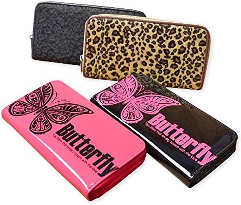 Amazon 子供 ウォレット 長財布 女の子 ラウンドファスナー エナメル 蝶プリント ヒョウ柄 ハラコ風 女児 ジュニア ノーブランド品 1 ピンクx蝶 財布